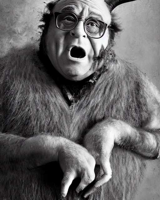 Prompt: actor Danny Devito in Elaborate Pan Satyr Goat Man Makeup and prosthetics designed by Rick Baker, Hyperreal, Head Shots Photographed in the Style of Annie Leibovitz, Studio Lighting