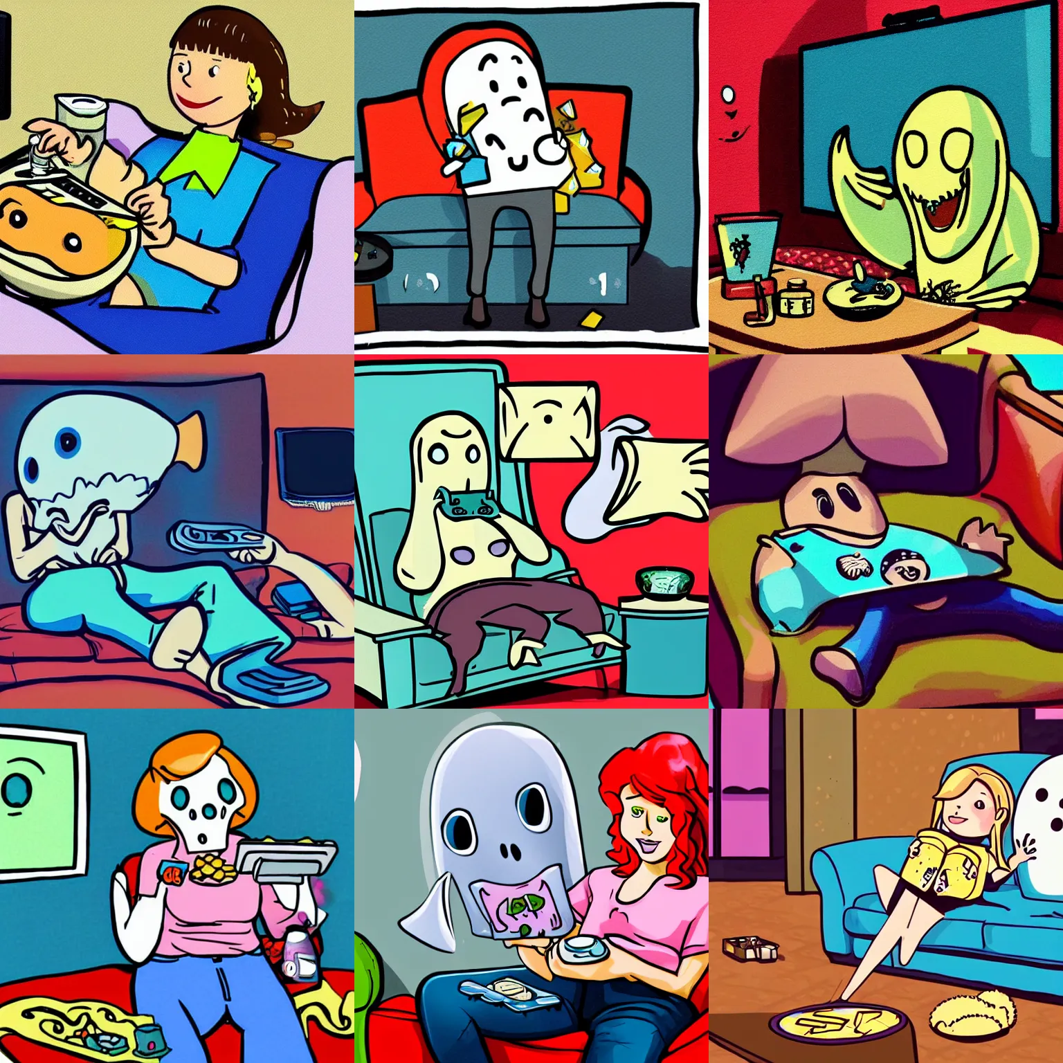 Prompt: a fish that has the torso of a human woman wearing a shirt that has a cartoon ghost design on it, playing a video game on a couch and eating chips, painting