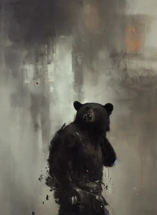 Image similar to portrait painting of anthropomorphic black bear samurai by jeremy mann, only one head single portrait