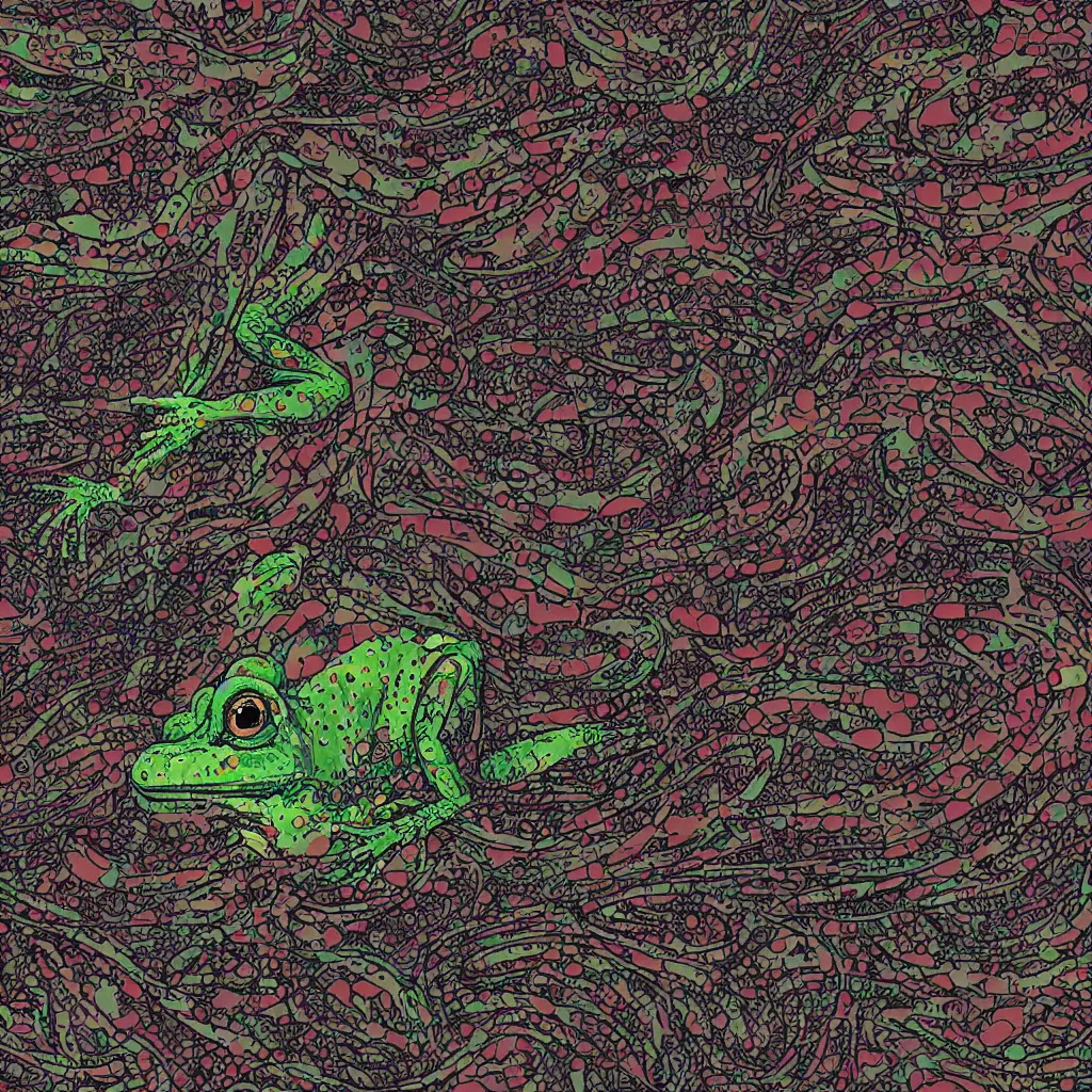 Image similar to toad head, toads, mechanical, technical, abstract, lcd, graphical, circuit board, computers, vektroid album cover, vectors, drips, dimensions, breakcore, leaks, glitches, frogs, amphibians, geometry, data, datamosh, motherboard, code, y 2 k, painting, dark, old web, cyber