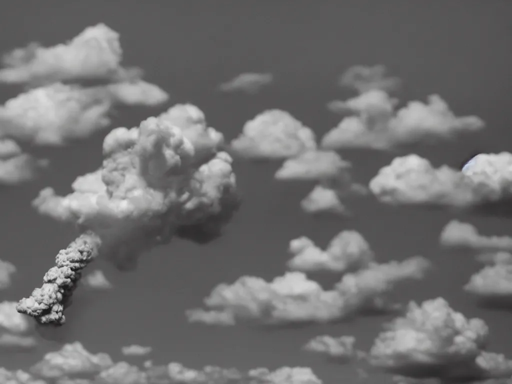 Image similar to cloud hand, finger tip nuclear explosions, small scale models, tilt shift, dramatic monochromatic lighting