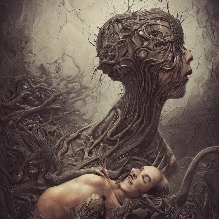 Image similar to dream portrait of a sleep paralysis demon standing over a person sleeping in bed in a dark ancient attic room,full character, melting ,8k,by tristan eaton,Stanley Artgermm,Tom Bagshaw,Greg Rutkowski,Carne Griffiths, Ayami Kojima, Beksinski, Giger,trending on DeviantArt,face enhance,hyper detailed,minimalist,cybernetic, android, blade runner,full of colour