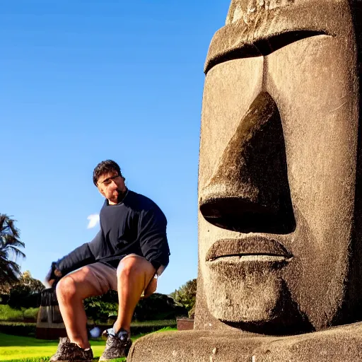 Image similar to man with a moai statue for a head doing a kickflip