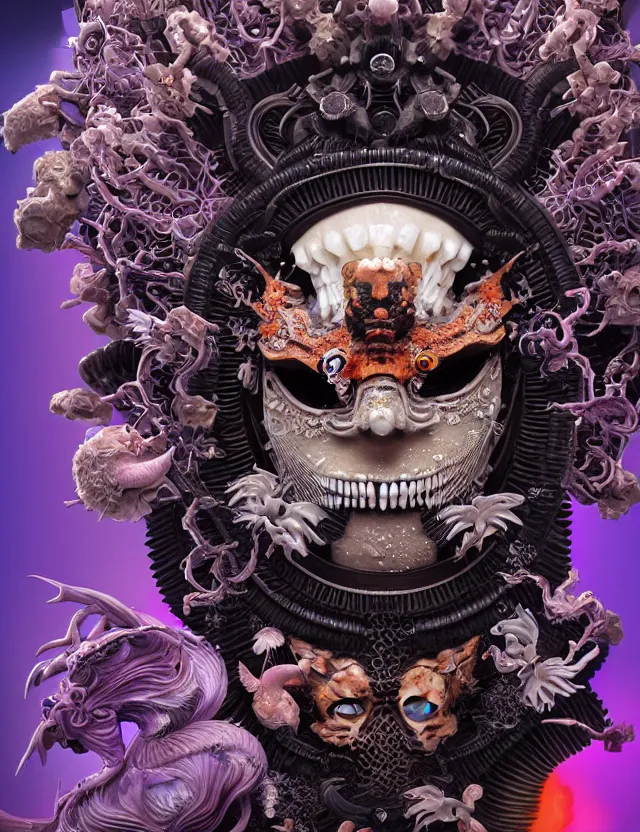 Image similar to 3 d goddess close - up profile death biohazard portrait with crown, ram skull. beautiful intricately detailed japanese crow kitsune mask and clasical japanese kimono. betta fish, jellyfish phoenix, bio luminescent, plasma, ice, water, wind, creature, artwork by tooth wu and wlop and beeple and greg rutkowski