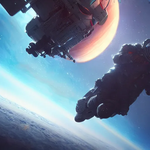 Image similar to cyberpunk astronaut falling through the majestic clouds of jupiter, by cedric peyravernay and feng zhu, highly detailed, excellent composition, cinematic concept art, dramatic lighting, trending on artstation
