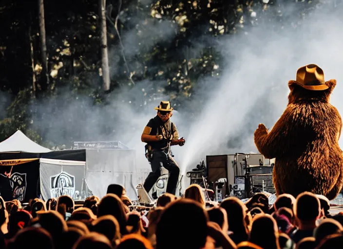 Prompt: photo still of smokey the bear on stage at vans warped tour!!!!!!!! at age 3 3 years old 3 3 years of age!!!!!!!! putting out a fire, 8 k, 8 5 mm f 1. 8, studio lighting, rim light, right side key light