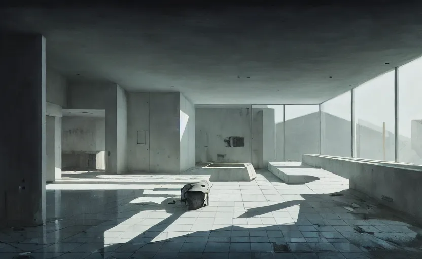 Prompt: painting of interior shot of a white concerete brutalist house architecture with big pools by darek zabrocki, greg ruthkowski and simon stalenhag, cinematic and cold atmospheric, archillect concept art, artstation, trending on artstation