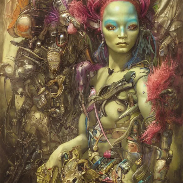 Prompt: a portrait photograph of a colorful tropical female alien. she wearing a tactical suit and has many body modifications. by tom bagshaw, donato giancola, hans holbein, walton ford, gaston bussiere, brian froud, peter mohrbacher and magali villeneuve. 8 k, fashion editorial, cgsociety