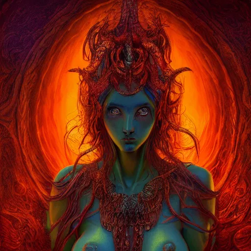 Prompt: Photorealistic demon goddess in the style of Michael Whelan and Gustave Dore. Hyperdetailed photorealism, 108 megapixels, amazing depth, glowing rich colors, powerful imagery, psychedelic Overtones, 3D finalrender, 3d shading, cinematic lighting, artstation concept art