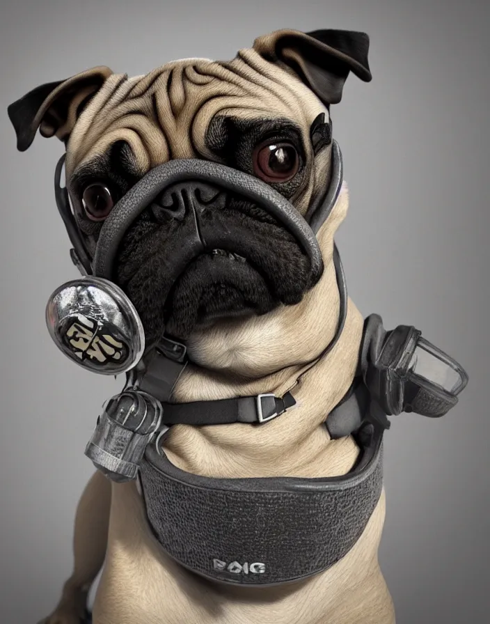 Image similar to a dog pug wearing a gas mask, intricate artwork by artstation. octane render, cinematic, hyper realism, 8k, depth of field.