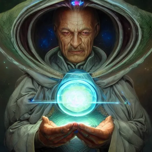 Image similar to the creator of worlds wearing a cloak and holding a holographic planet projection in his hand, detailed, sci - fi, digital painting, artstation, sharp focus, illustration, ominous, artgerm, tomasz alen kopera, peter mohrbacher, donato giancola, joseph christian leyendecker, wlop, frank frazetta