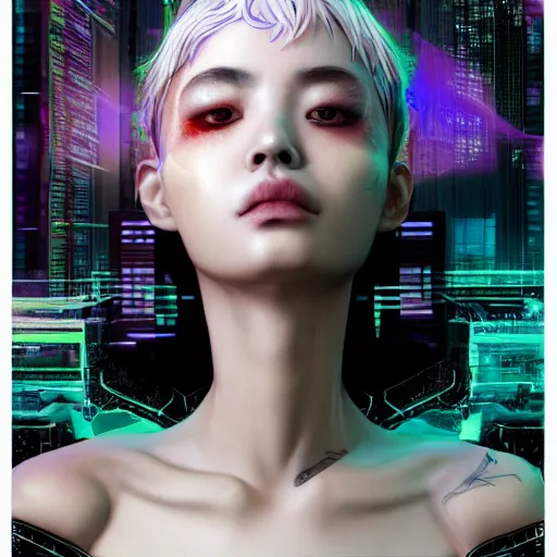 Prompt: the portrait of an absurdly beautiful, graceful, sophisticated, fashionable cyberpunk gravure idol, an ultrafine hyperdetailed illustration by kim jung gi, irakli nadar, hanna moon, leslie zhang intricate linework, bright colors, collage, porcelain skin, unreal engine 5 highly rendered, cgsociety, global illumination, radiant light, detailed and intricate environment