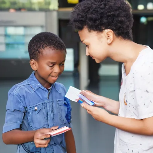 Image similar to a child exchanging a ticket for a coin from an adult, photorealistic