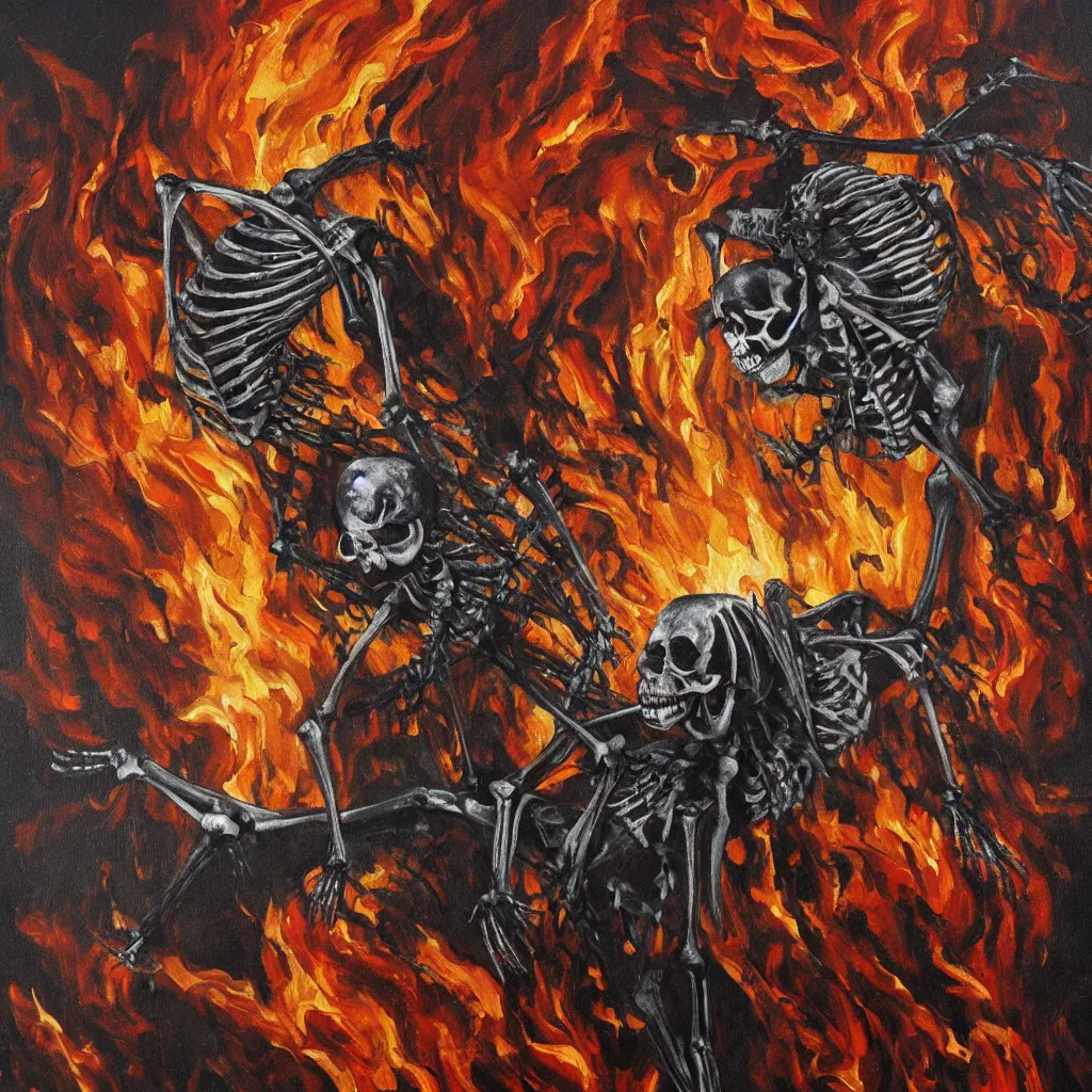 Prompt: An oil painting of a skeleton with black flames descending on a field of flowers, Dark Fantasy, dark Soul, elden ring, 8k