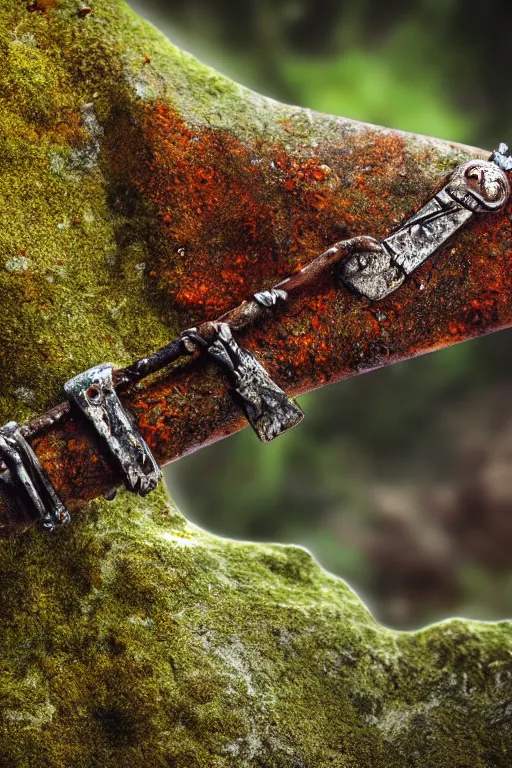 Image similar to a portrait of a rusty sword protruding from a rock, rust and corrosion, moss and vegetation, ancient forest, excalibur, close - up, intricate details, intricately detailed textures, warm lighting, vivid colors, smoke and mist, hyper realistic octane render, volumetric shading, depth of field, raytracing, 8 k,