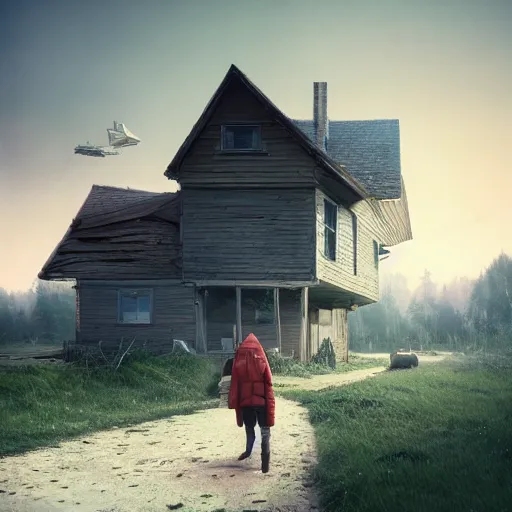 Image similar to woman leaving her wooden broken house by simon stålenhag, very highly detailed, award winning, rendered by Beeple, by Makoto Shinkai, syd meade, starwars, space art concept, digital art, unreal engine, blender, WLOP, trending on artstation, 4K UHD image, octane render