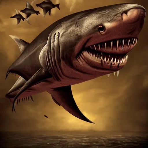 Prompt: a giant shark piranha, in a dark world, horror art, fantasy art, horror, spooky, super detailed, trending on artstation, hdr