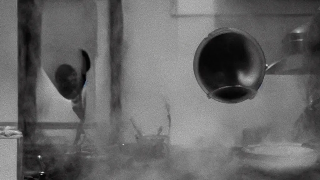 Prompt: a strange creature cooks at a stove, film still from the movie directed by Denis Villeneuve with art direction by Zdzisław Beksiński, close up, telephoto lens, shallow depth of field