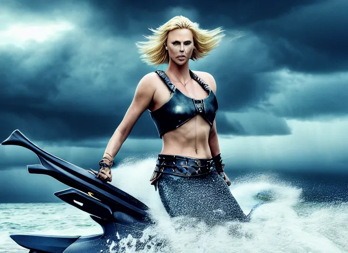 Prompt: dramatic photo of charlize theron as a viking women with weapons riding on a jet ski, wearing skin - tight futuristic valkerie bikini, rough seas in background, lightning storms, water world, mad max, hyper - realistic, highly detailed, accurate, 8 k octane render, 2 8 mm, wide angle, rule of thirds