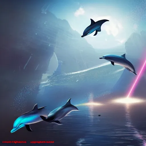 Image similar to dolphins shooting lasers, fantasy, detailed, high quality, artstation