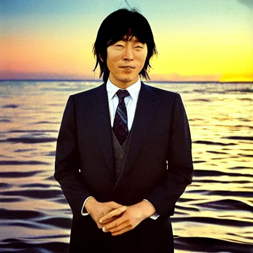 Image similar to japanese man with long hair in a suit standing in the ocean pointing!!!!!! at the camera, sunset, album cover, 1980, tatsuro yamashita