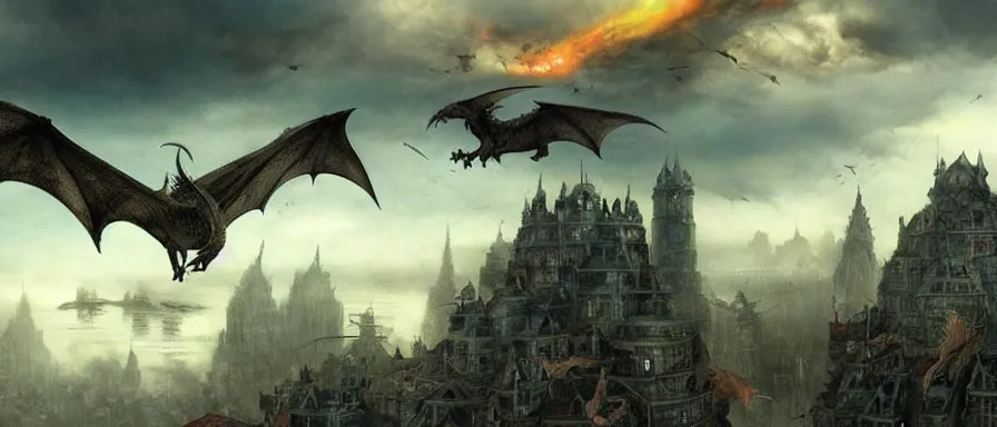 Prompt: dragons flying over the city, detailed matte painting, doomsday, trending on artstation, art by Alan Lee, Alexander Jansson, cinematic, full of color