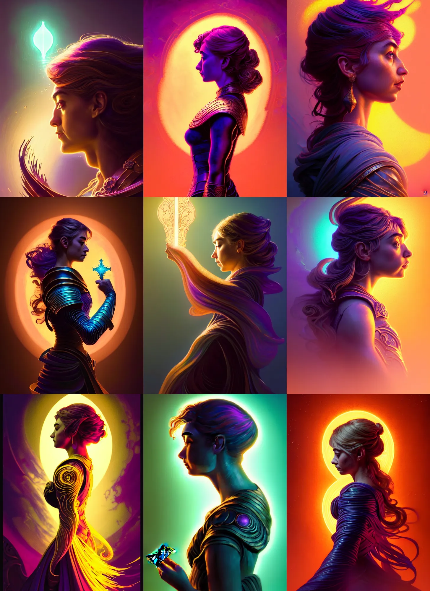 Prompt: side portrait, imogen poots paladin, gloomhaven, soft, smooth, luminescent, art nouveau tarot, backlit glow, colorful swirly ripples, gaudy colors, aesthetic octane render, unreal engine, 8 k, by greg rutkowski, jesper ejsing, rhads, lois van baarle, ilya kuvshinov