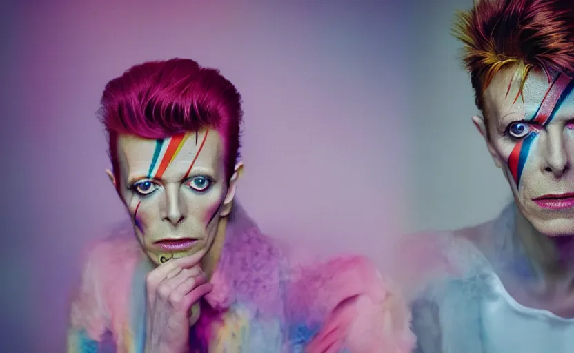 Image similar to David Bowie, beautiful composition, pastel colors, 50mm f1.8, ambient light,