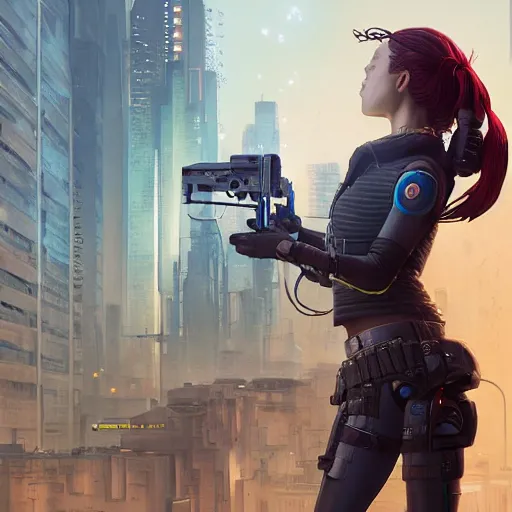 Image similar to highly detailed portrait of a young cyberpunk woman aiming a rifle, stephen bliss, unreal engine, fantasy art by greg rutkowski, loish, rhads, ferdinand knab, makoto shinkai and lois van baarle, ilya kuvshinov, rossdraws, tom bagshaw, global illumination, radiant light, detailed and intricate environment