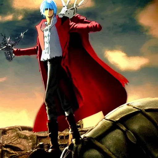 Image similar to a shot of dante from devil may cry in howl's moving castle movie, movie shot, anime, hightly detailed, rescalated 4 k, detailed