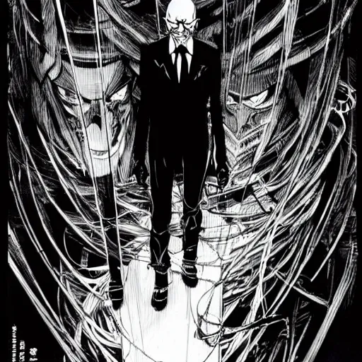 Image similar to Klaus Schwab looking sinister, by Tsutomu Nihei, highly detailed