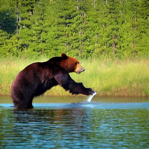 Prompt: a bear chugging a bear by a lake