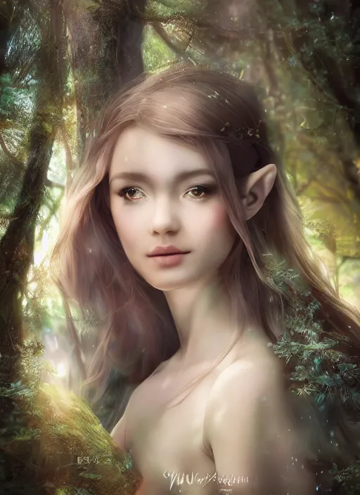 Image similar to beatiful ethereal elf princess in an enchanted forest, 3/4 side view, hair jewellery, fully clothed, light mist, light rays sieving through the trees, shallow depth of field, focus on the face, coherent composition, no watermark, by Yuumei, by Artgerm, by WLOP