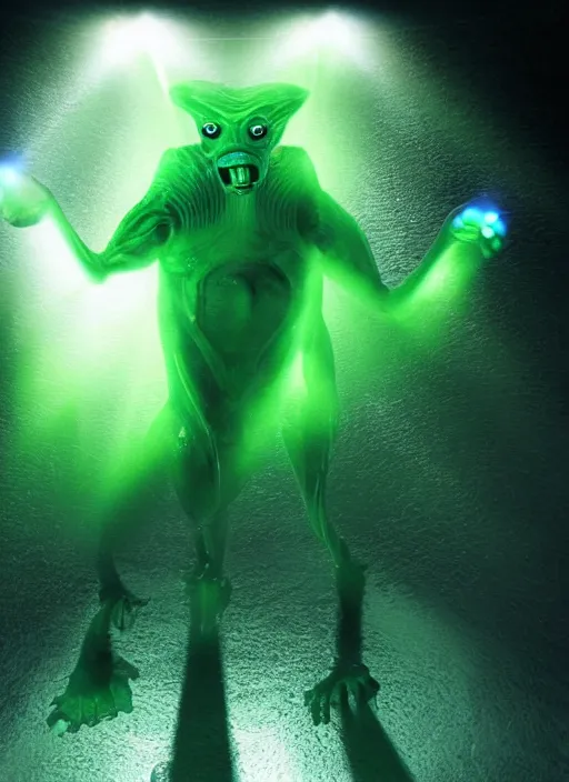 Image similar to a weird humanoid creature is suspended in a tank of dense liquid, weightlessness, tubes coming from the top of the tank connecting to the creature's body, back lit, blinding green glow creates a lens flare, cinematographic