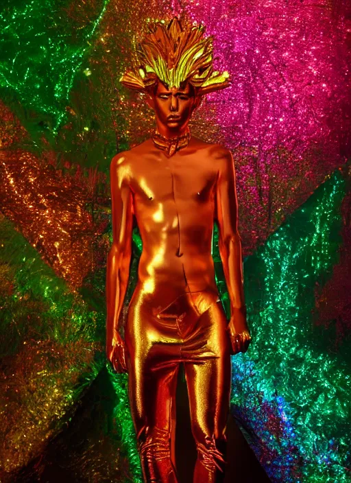 Image similar to photo of baroque and bladerunner delicate neon emerald sculpture of seductive king adrien sahores tigers orange iridescent humanoid deity wearing metallic jungle leaves holding the sun prismatic dungeon, glowing rainbow face, crown of white diamonds, cinematic lighting, photorealistic, octane render 8 k depth of field 3 d