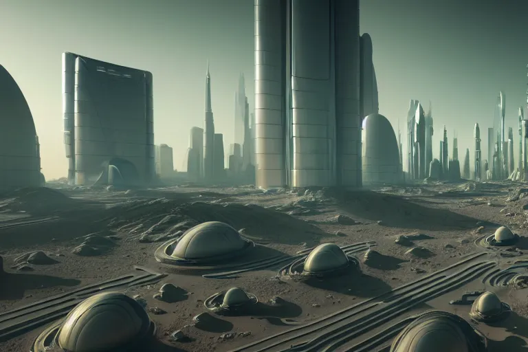 Prompt: hyper detailed wide shot of futuristic city on mars with tall green houses made of glass and small spacecraft flying around and between the tall buildings, red dusty soil, ray traced reflections, unreal engine 5, in the style of the expanse tv show