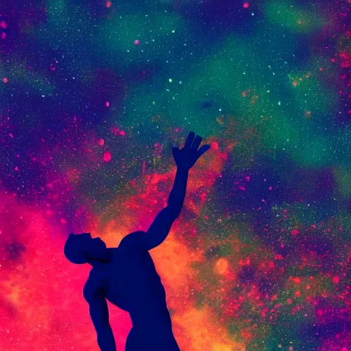 Image similar to athletic man, inspiring pose, floating, silhouette, long shot, in a cosmic nebula background, matte colors, very very very dramatic, inspiring digital art trending on artstation