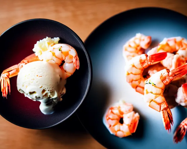 Image similar to dslr food photograph of an ice cream desert with shrimp on. 8 5 mm f 1. 4