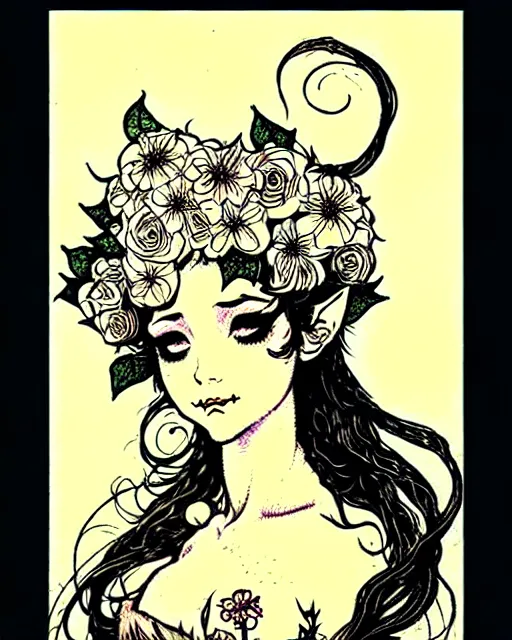 Image similar to burlesque elf, flowers in hair, fantasy character portrait, soft clouds, floral sunset, ultra realistic, concept art, intricate details, art nouveau, japanese woodblock, cinematic, highly detailed by arthur rackham