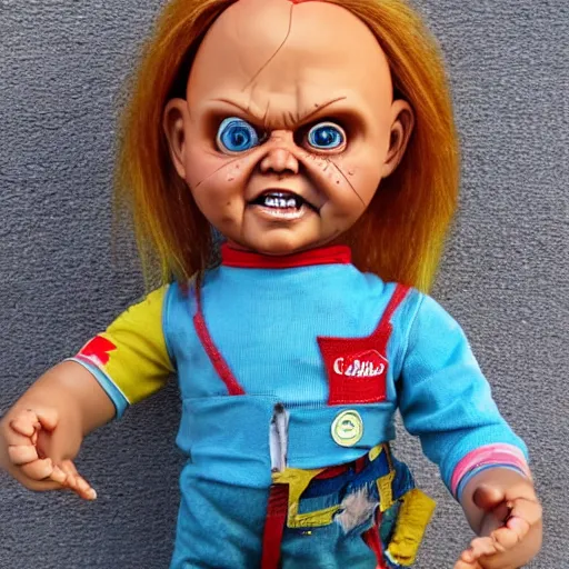Prompt: Chucky the killer doll on sale at a garage sale