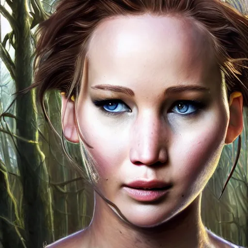 Prompt: a portrait of jennifer lawrence as a troll, ugly, in a dark forest, extremely detailed digital art, trending on artstation hyper realistic matte painting, by artgerm