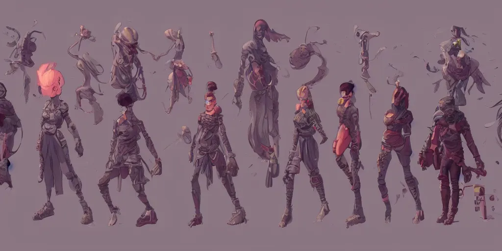 Image similar to female pixel characters, Moebius, kim jung gi, Greg Rutkowski, Zabrocki, Karlkka, Jayison Devadas, Phuoc Quan, trending on Artstation, 8K, ultra wide angle, pincushion lens effect