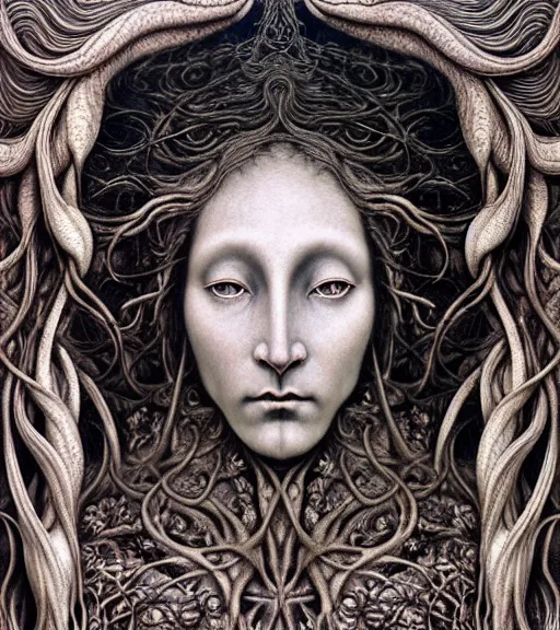 Prompt: detailed realistic beautiful werewolf goddess face portrait by jean delville, gustave dore, iris van herpen and marco mazzoni, art forms of nature by ernst haeckel, art nouveau, symbolist, visionary, gothic, neo - gothic, pre - raphaelite, fractal lace, intricate alien botanicals, ai biodiversity, surreality, hyperdetailed ultrasharp octane render