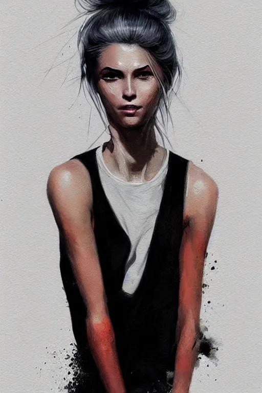Image similar to a ultradetailed beautiful painting of a stylish woman in with white hair in a ponytail, she is wearing a black tank top, by conrad roset, greg rutkowski and makoto shinkai trending on artstation