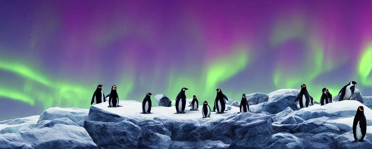 Image similar to a group of penguins watching the aurora borealis, large scale, breathtaking, mixed media, digital art, trending on artstation, 8k, epic composition, highly detailed, AAA graphics