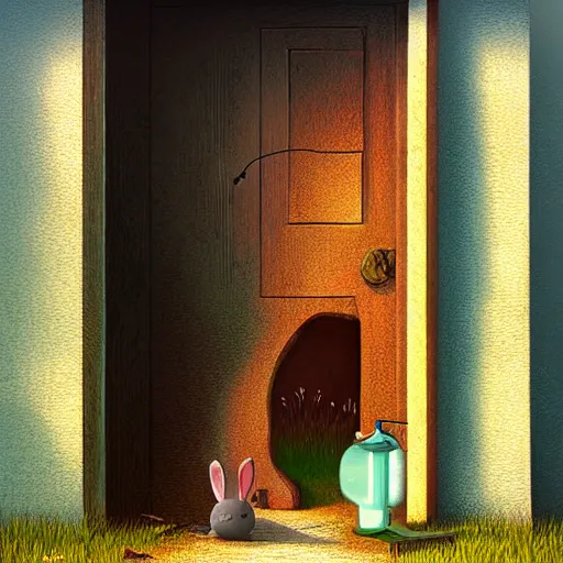 Prompt: cute rabbit hides behind the door by gediminas pranckevicius