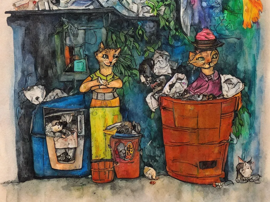 Image similar to a little alley cat living inside trash at night in downtown, in the style of kahlo and matisse