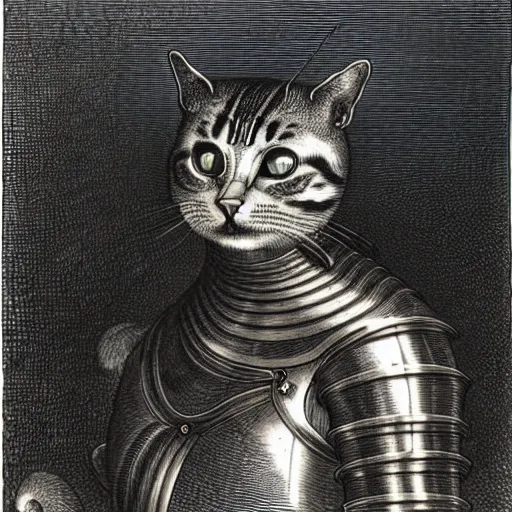 Image similar to engraving portrait of humanoid cat in medieval armoury by gustave dore