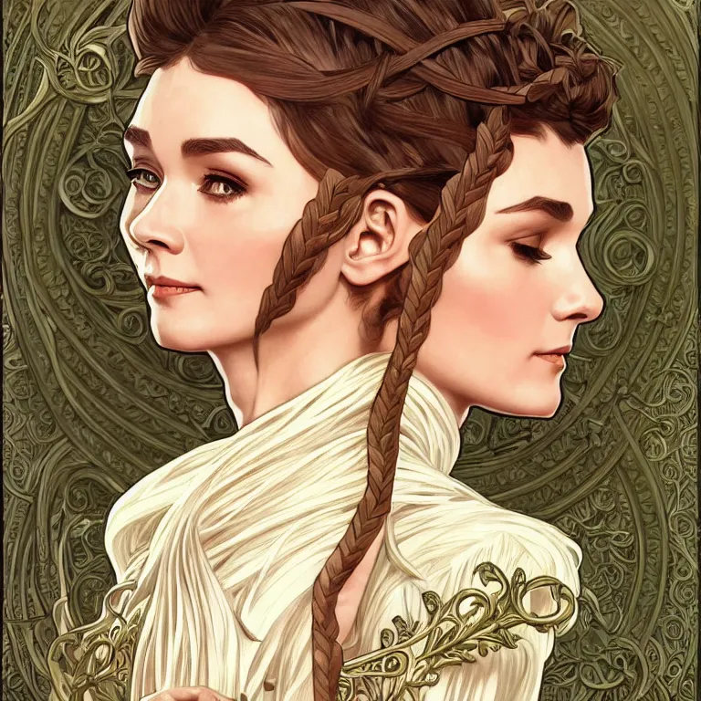 Prompt: ivory carved mage audrey hepburn with braided hair wearing ivory carved bone armor, plants, intricate, elegant, highly detailed, digital painting, artstaion, full body action concept art, smooth, sharp, focus, illustration, art by artgerm, alphonse mucha, ilya kuvshinov