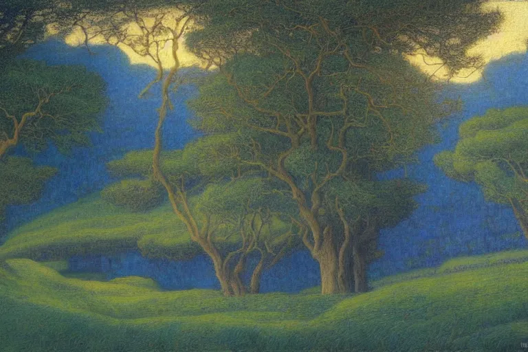 Image similar to masterpiece painting of oak trees on a hillside overlooking a creek, dramatic lighting, by jean delville